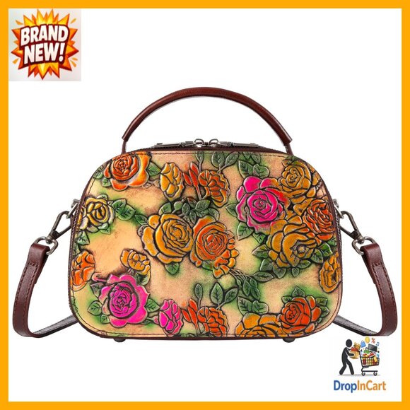 Genuine Leather Satchel Handbag Hand Painted Retro Top Handle Crossbody Bag